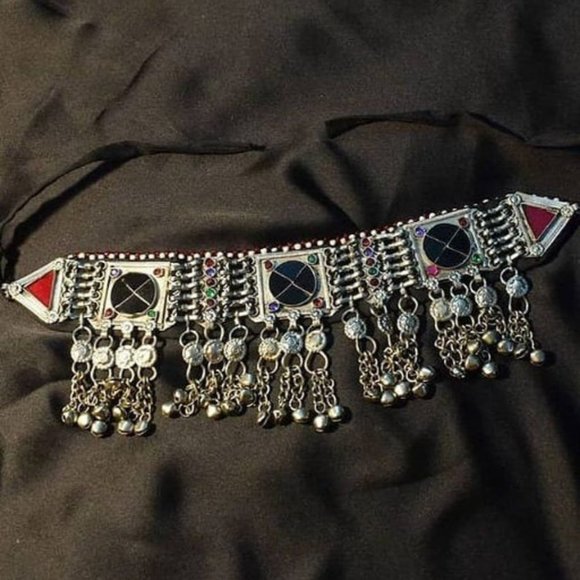 Turquoise Kuchi Choker, Afghan Choker with Stones and Silver Beads, KuchiJewelry - Picture 4 of 4